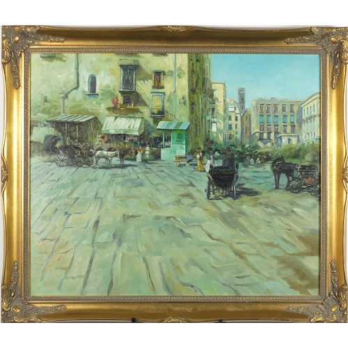 86 - Continental market, oil on canvas, bearing a signature Ross, framed, 60cm x 50cm