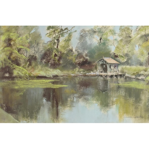 89 - Susan Davies - Reflections, Firle lake, pastel, inscribed verso, mounted and framed, 44cm x 29cm