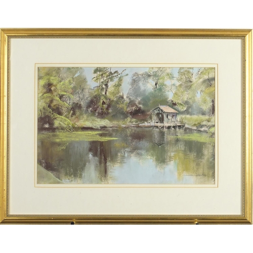 89 - Susan Davies - Reflections, Firle lake, pastel, inscribed verso, mounted and framed, 44cm x 29cm