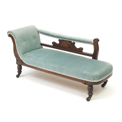 20 - Edwardian inlaid mahogany child's chaise lounge with green button back upholstery, 50cm H x 103cm W ... 