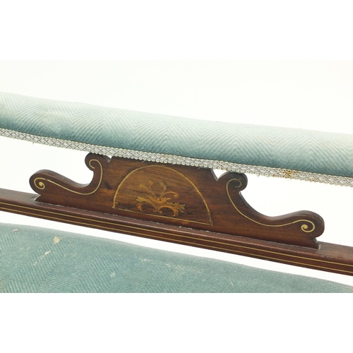 20 - Edwardian inlaid mahogany child's chaise lounge with green button back upholstery, 50cm H x 103cm W ... 
