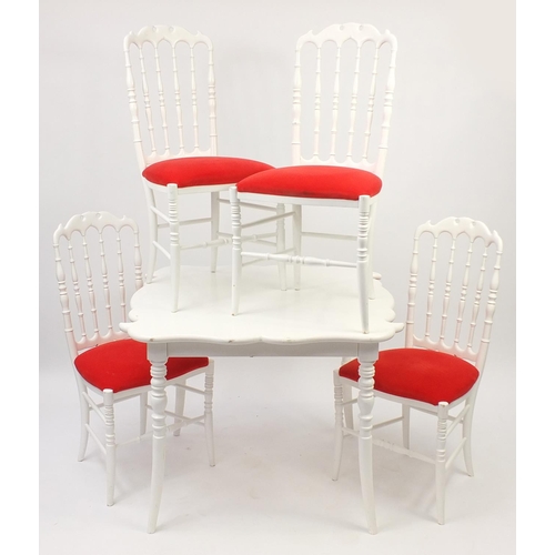 66 - French style white painted dining table with serpentine outline and four stick back chairs, 76cm H x... 