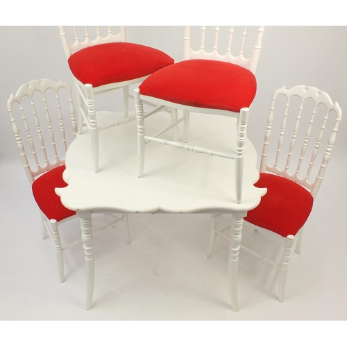 66 - French style white painted dining table with serpentine outline and four stick back chairs, 76cm H x... 