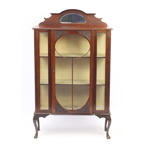 35 - Mahogany breakfront display cabinet with two shelves and cabriole feet, 176cm H x 107cm W x 32cm D