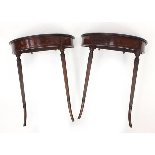 92 - Pair of mahogany demi lune hall tables with fluted legs, 78cm H x 65cm W x 32cm D