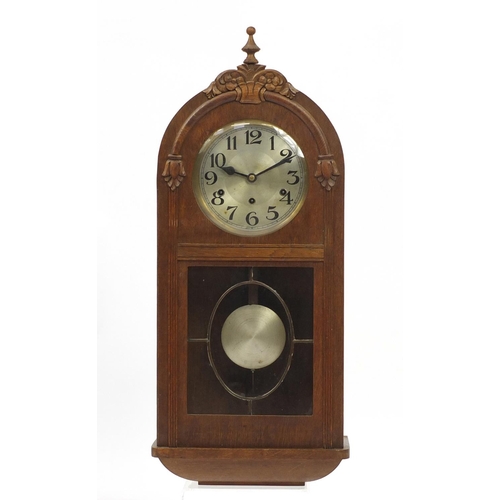 98 - Oak cased wall hanging clock with Westminster chime, 80cm high