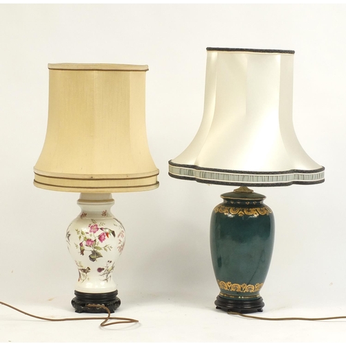 44 - Two porcelain table lamps with shades, one decorated with birds amongst flowers, the largest 75cm hi... 