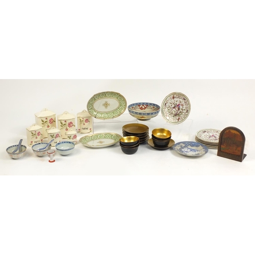 610 - Victorian and later china and Japanese lacquered plates and bowls, including a graduated set of stor... 