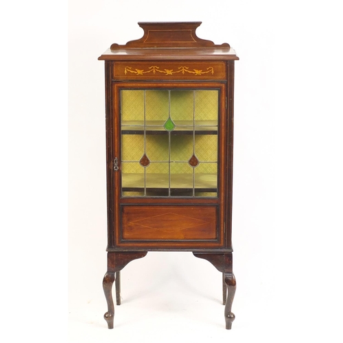 17 - Edwardian inlaid mahogany china cabinet with leaded glass door, 141cm H x 62cm W x 33cm D