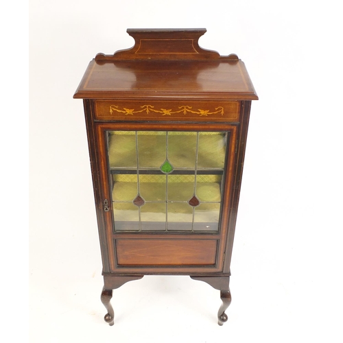 17 - Edwardian inlaid mahogany china cabinet with leaded glass door, 141cm H x 62cm W x 33cm D