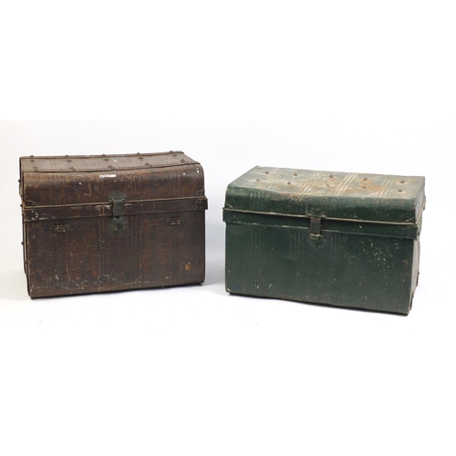 67 - Two large vintage metal travelling trunks, the largest 80cm in length