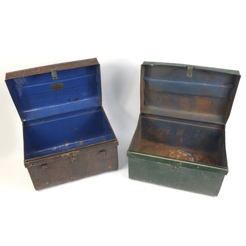 67 - Two large vintage metal travelling trunks, the largest 80cm in length