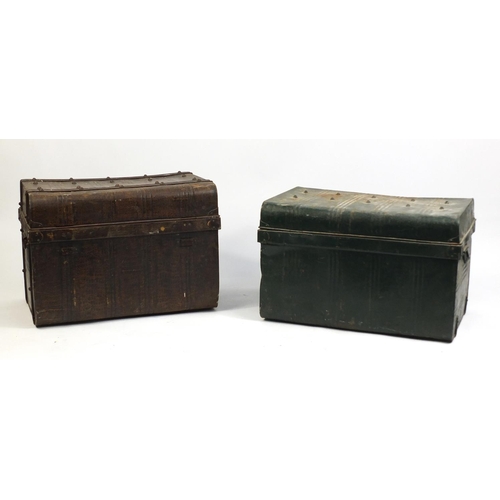 67 - Two large vintage metal travelling trunks, the largest 80cm in length