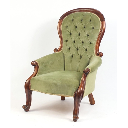 2 - Victorian mahogany framed bedroom chair with green button back upholstery, 104cm high