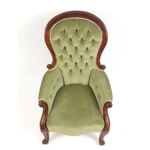 2 - Victorian mahogany framed bedroom chair with green button back upholstery, 104cm high