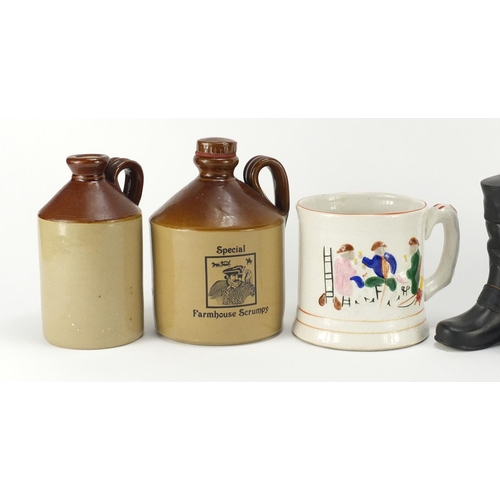 676 - China and stoneware including scrumpy bottles, Staffordshire style mug mug and a Wade Jonnie Walker ... 