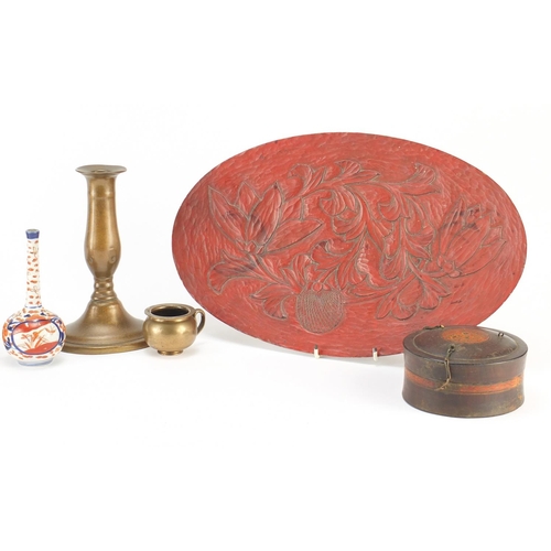 651 - Miscellaneous items including a pair of coppered candlesticks, three Imari vases and a lacquered tra... 