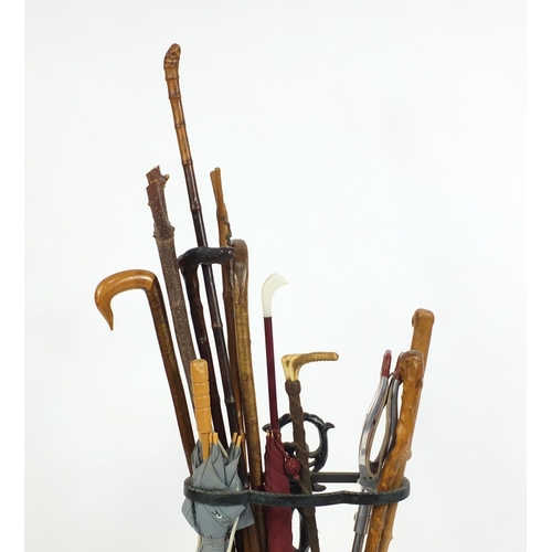 96 - Victorian style cast iron stick stand with a selection of walking sticks, a horn handled riding crop... 