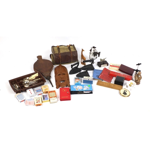 681 - Miscellaneous items including silver plated cutlery, costume jewellery, vintage bowls, fire bellows,... 