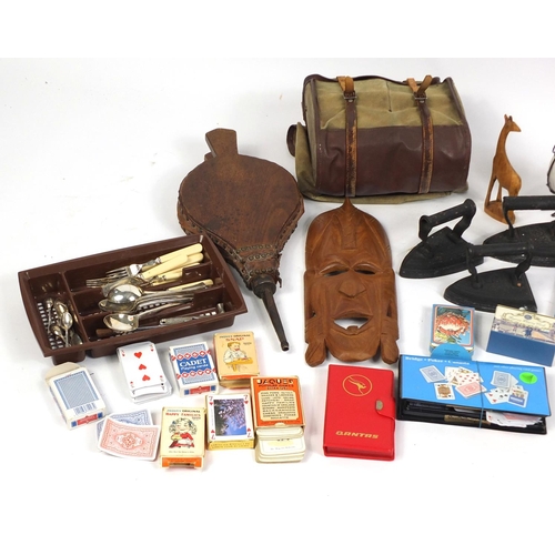 681 - Miscellaneous items including silver plated cutlery, costume jewellery, vintage bowls, fire bellows,... 