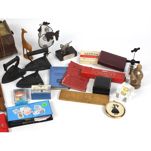 681 - Miscellaneous items including silver plated cutlery, costume jewellery, vintage bowls, fire bellows,... 