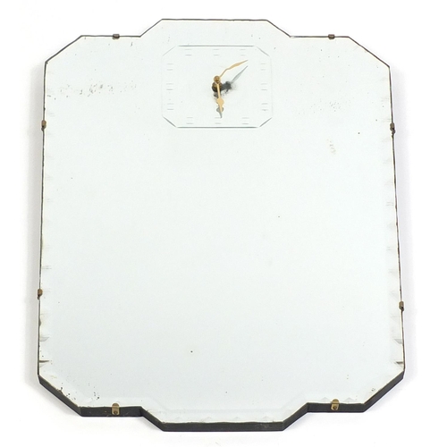 52 - Art Deco mirrored wall clock with bevelled edge, 73cm x 48cm