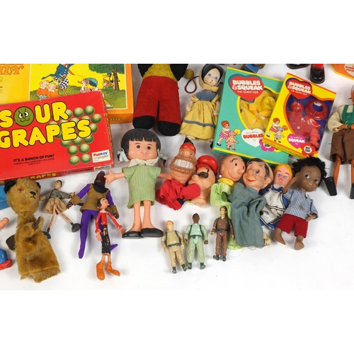 612 - Vintage toys including Bubbles and Squeak, glove puppets, Corgi Magic Roundabout train and a Chad Va... 