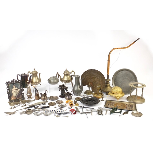 691 - Metalwares including silver plated teawares, a brass peacock, Arts & Crafts pewter teapot, hookah pi... 