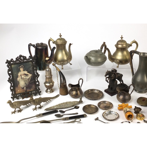 691 - Metalwares including silver plated teawares, a brass peacock, Arts & Crafts pewter teapot, hookah pi... 