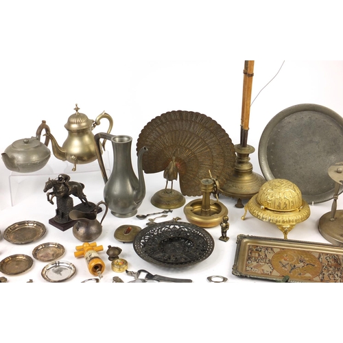 691 - Metalwares including silver plated teawares, a brass peacock, Arts & Crafts pewter teapot, hookah pi... 