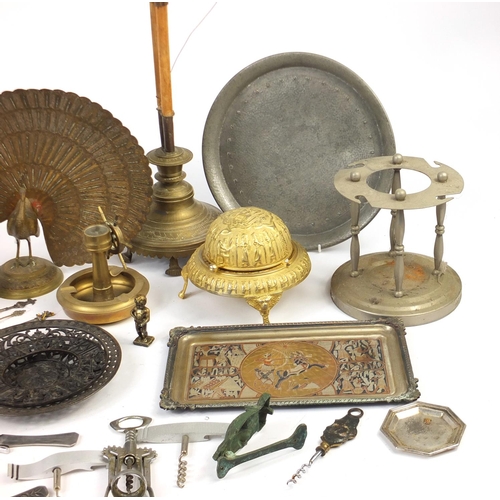 691 - Metalwares including silver plated teawares, a brass peacock, Arts & Crafts pewter teapot, hookah pi... 