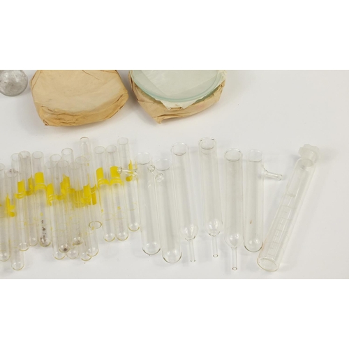 648 - Large selection of chemist measures and  syringes, test tubes and beakers