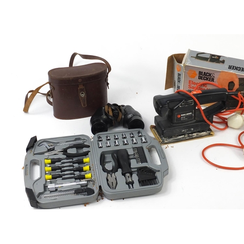 619 - Tools and a pair of binoculars including Black & Decker sander