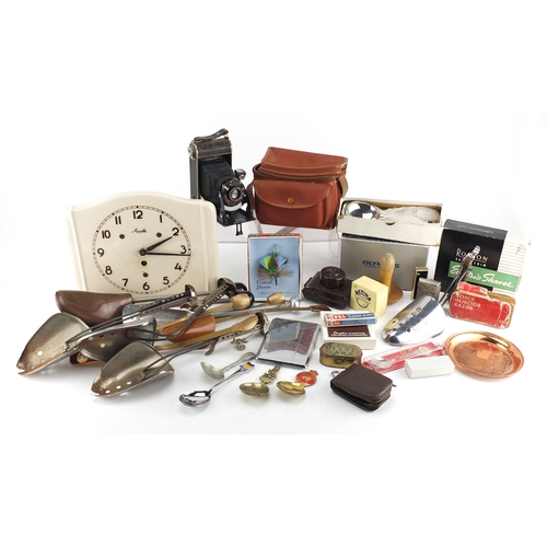 628 - Objects including lighters, vintage cameras, porcelain clock and shoe stretchers