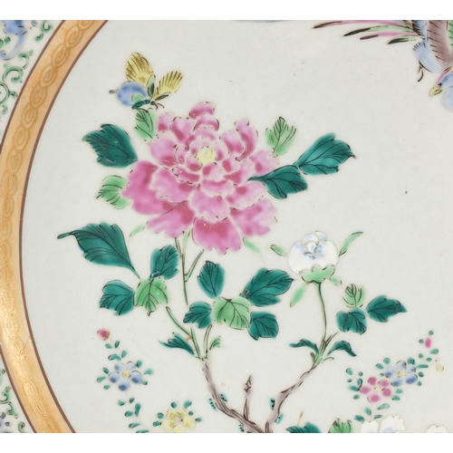 638 - Japanese porcelain charger, hand painted with a bird of paradise amongst flowers, painted and impres... 