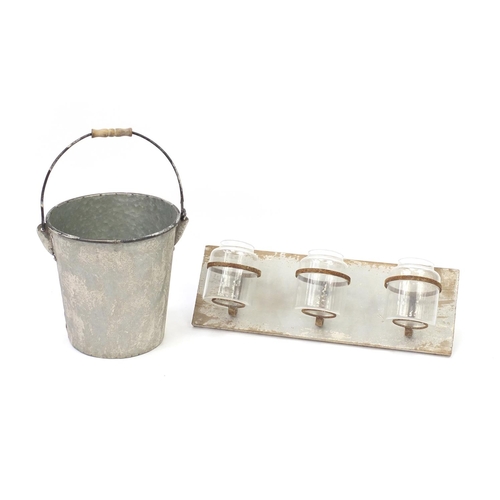 644 - Vintage style tin bucket and a wall mounted plant holder with glass jars