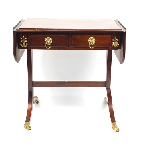 74 - Mahogany drop end sofa table with two frieze drawers, lion mask handles and paw feet, 83cm H x 80cm ... 