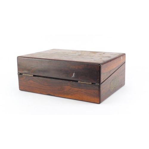 38 - Victorian rosewood writing slope with inset brass handles, 35cm wide