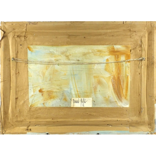 57 - Industrial street scene, oil on board, bearing a signature Deefnce Dafficher, framed, 75cm x 50cm