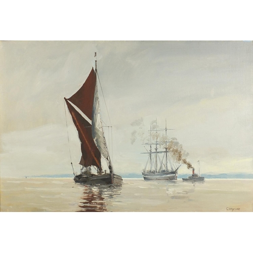 31 - John Cotgrove - Sailing barge, tug and sailing ship, oil on board framed, 75cm x 50cm