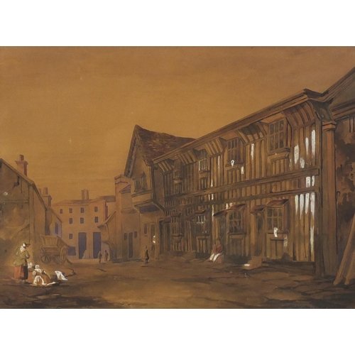 56 - William Burgess of Dover 1869 - Elizabethan village, watercolour with body colour, mounted and frame... 