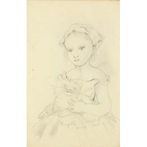 85 - Manner of Leonard Tsuguharu Foujita - Portrait of a female holding a cat, pencil on paper, framed, 4... 