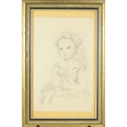 85 - Manner of Leonard Tsuguharu Foujita - Portrait of a female holding a cat, pencil on paper, framed, 4... 