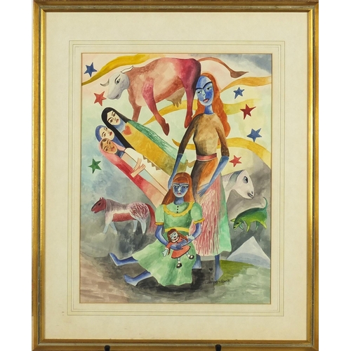 54 - After Heinrich Campendonk - Figures and animals, German surrealist school watercolour, mounted and f... 