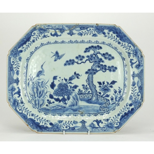 640 - Chinese blue and white porcelain meat platter, hand painted with two cranes in a landscape, 42.5cm w... 