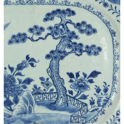 640 - Chinese blue and white porcelain meat platter, hand painted with two cranes in a landscape, 42.5cm w... 