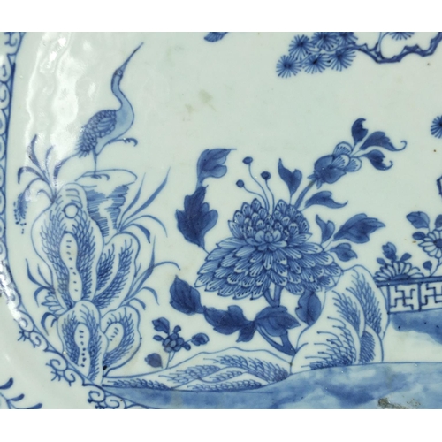 640 - Chinese blue and white porcelain meat platter, hand painted with two cranes in a landscape, 42.5cm w... 