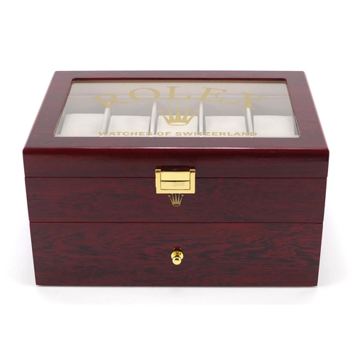 2202 - Rolex cherry wood dealers display watch box with base drawer, 16.5cm H x 29cm W x 20.5cm D