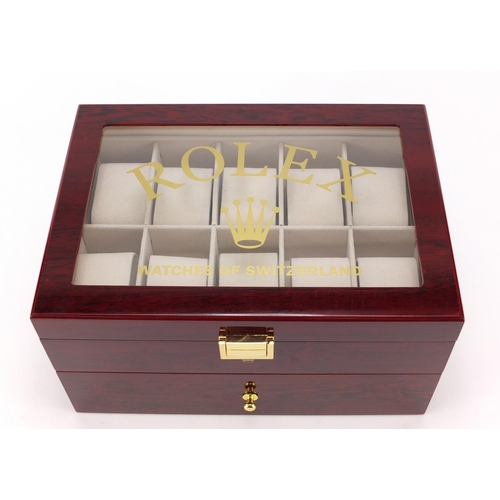 2202 - Rolex cherry wood dealers display watch box with base drawer, 16.5cm H x 29cm W x 20.5cm D