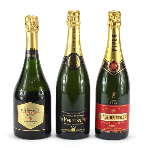 2265 - Three bottles of champagne comprising Piper-Heidsieck, The Wine Society and Cols Monistrol